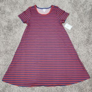 LulaRoe Jessie Red and Blue Striped Midi Scoop Neck Swing Dress